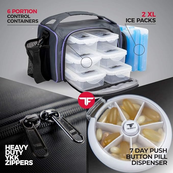 ThinkFit Insulated Meal Prep Lunch Box with 6 Food Portion Control Containers - BPA-Free, Reusable, Microwavable, Freezer Safe - With Shaker Cup, Pill Organizer, Shoulder Strap & Side Pocket (Purple)