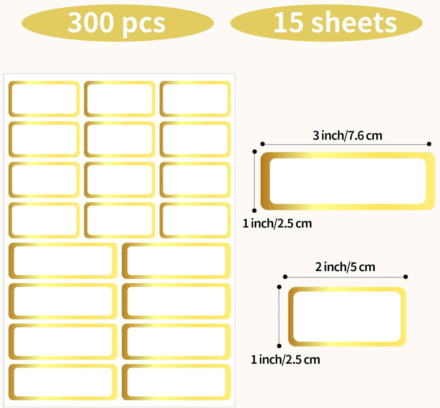 Gold Labels Stickers, Removable Blank Labels Gold Border, Self-Adhesive Rectangular Stickers Water/Oil/Tear Resistant for Storage, Classroom, Home (2 Size, 300 Sheet)