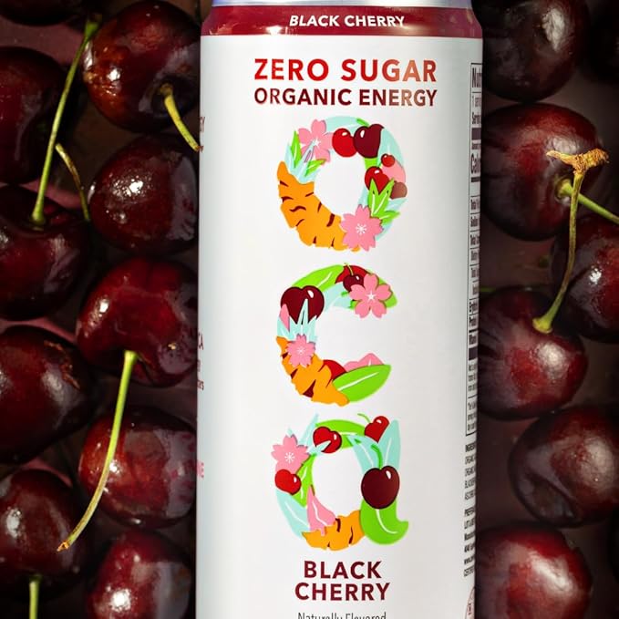 OCA ZERO Black Cherry, Organic energy drink, zero sugar, gluten-free, vegan plant-based, 12 Fl Oz (12-pack)