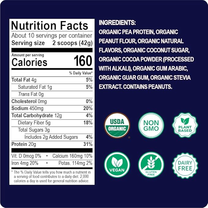 Enchant Organic Protein Powder, Double Chocolate Peanut Butter flavor – 20g Plant Protein sourced from North American Farms, 5g Prebiotic + fiber, USDA Organic, Non-GMO, Plant-based, Non-Dairy, Vegan, 0.91 lb