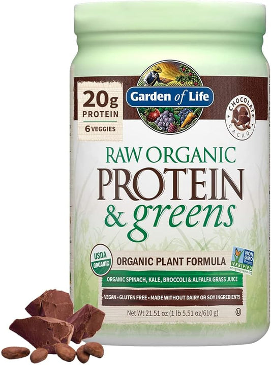 Garden of Life Raw Organic Protein & Greens - Chocolate - Vegan Protein Powder for Women and Men, Plant Protein, Pea Protein, Greens & Probiotics - Dairy Free, Gluten Free Low Carb Shake, 20 Servings