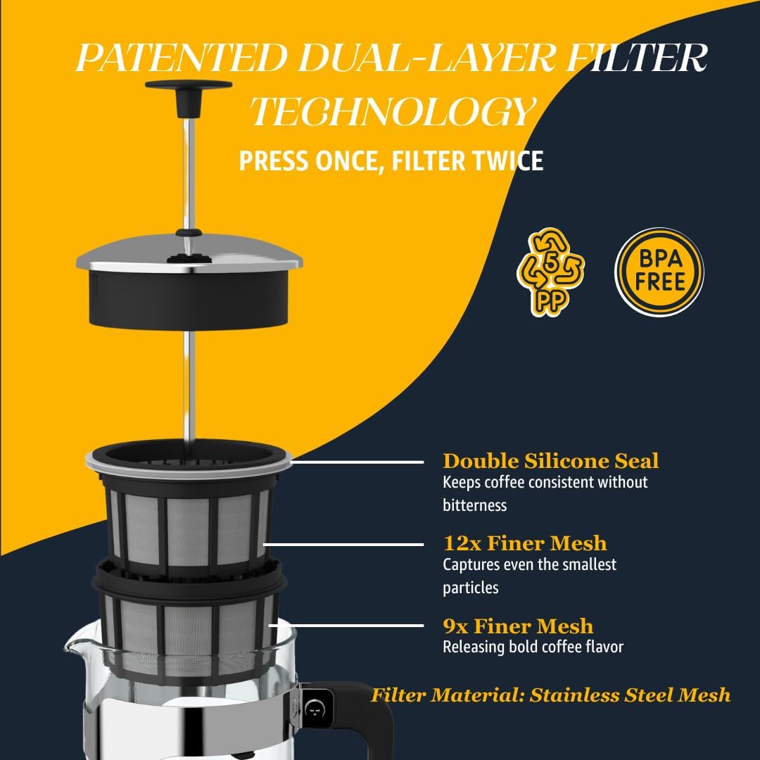 ESPRO - P5 French Press Coffee Maker – Patented Double Microfilter for Sludge and Grit Free Coffee, Black, 32 oz