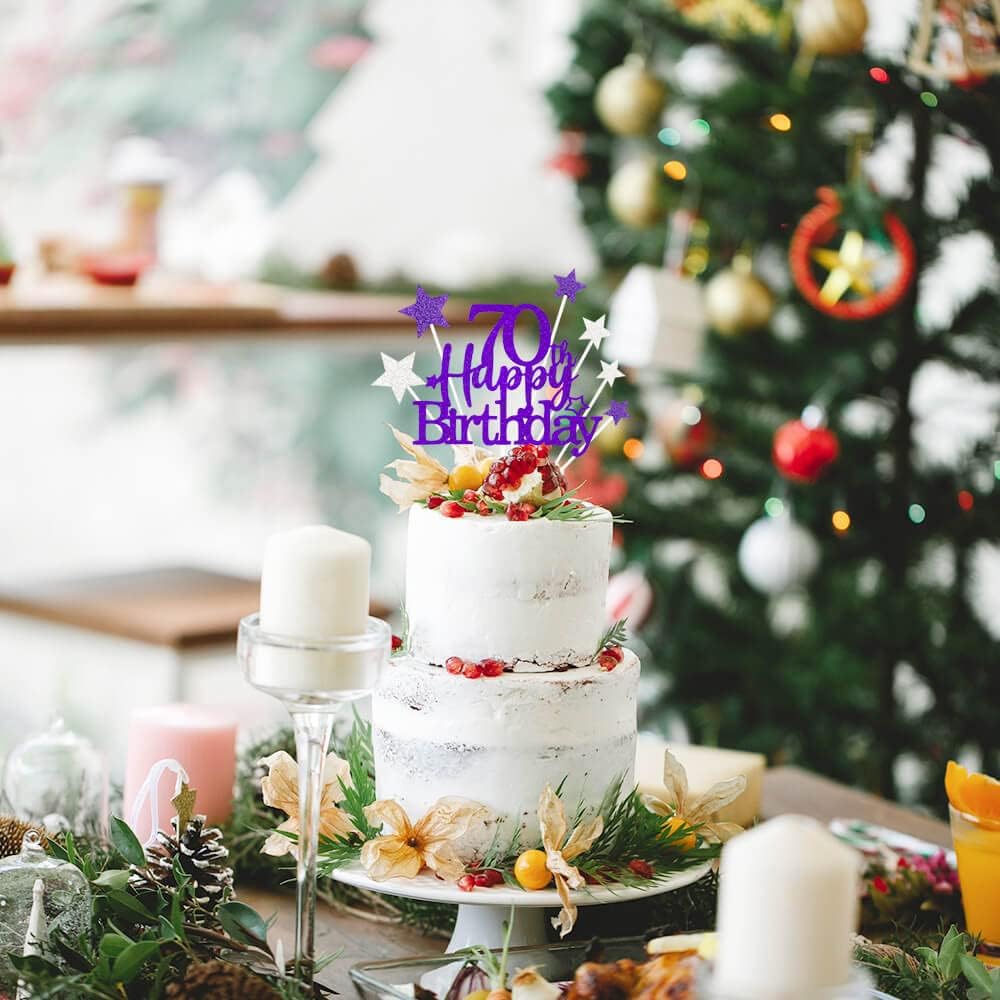 Glittery 70th Happy Birthday Cake Topper with Star,Personalised 70 Birthday Cake Toppers Party Decorations Party Supplies for Men Women Purple Silver