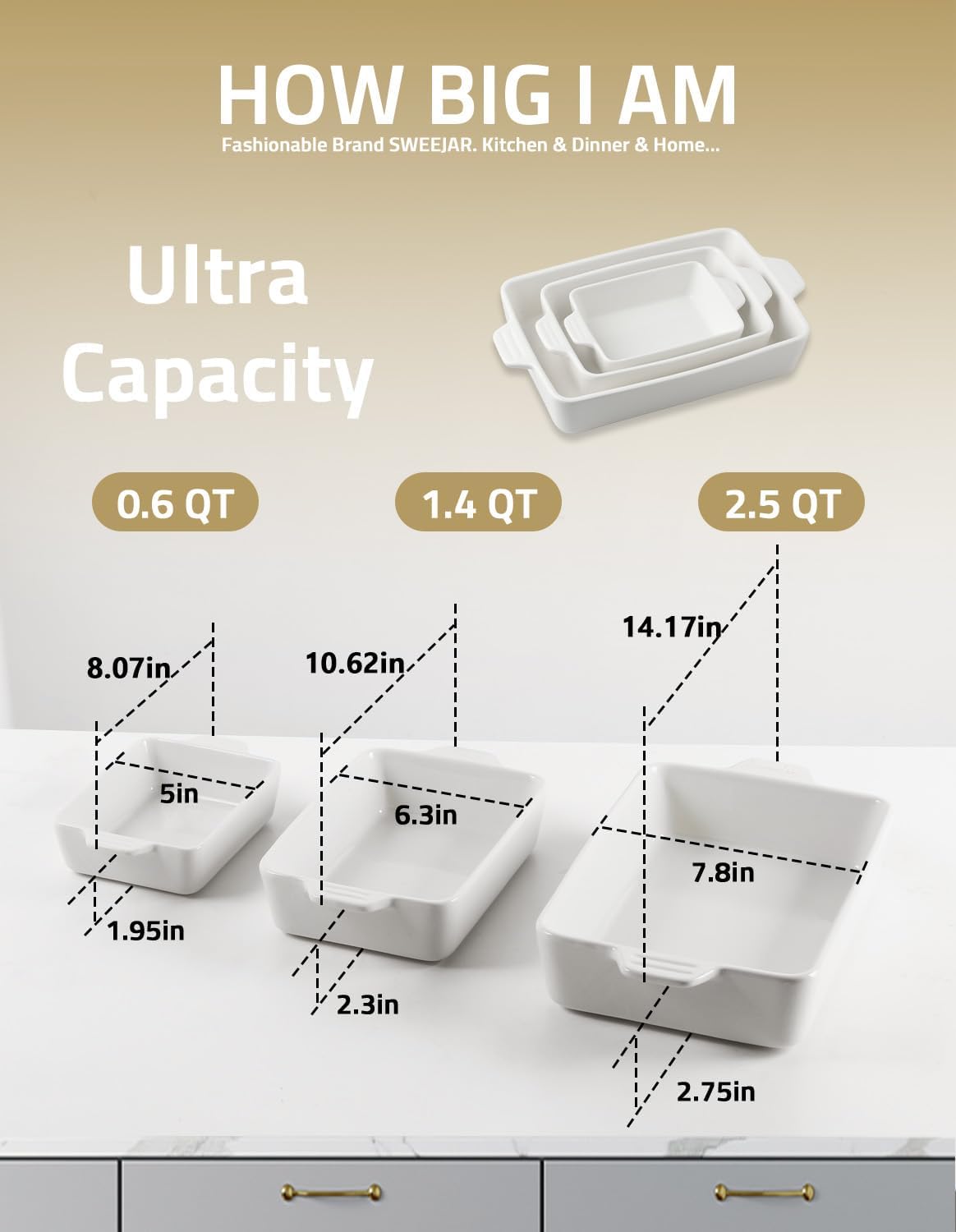 Sweejar Ceramic Bakeware Set, Rectangular Baking Dish for Oven Lasagna Pans for Cooking, Kitchen, Cake Dinner, Banquet and Daily Use, 11.8 x 7.8 x 2.76 Inches of Casserole Dishes (Gradient Gray)