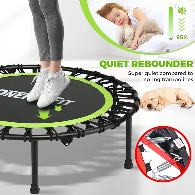 ONETWOFIT Foldable Rebounder Trampoline for Adults, 40/42/45” Mini Fitness Trampoline W/Adjustable Foam Handle Bungees, Quiet Exercise Trampoline for Personal Indoor Workout