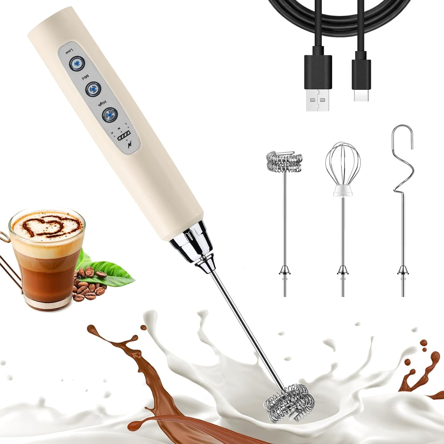 Nahida Beige Milk Frother Wand for Coffee, Frother Handheld Rechargeable Electric Whisk with 3 Heads 3 Speeds Drink Mixer Coffee Frother Foam Maker For Latte, Cappuccino, Hot Chocolate, Egg