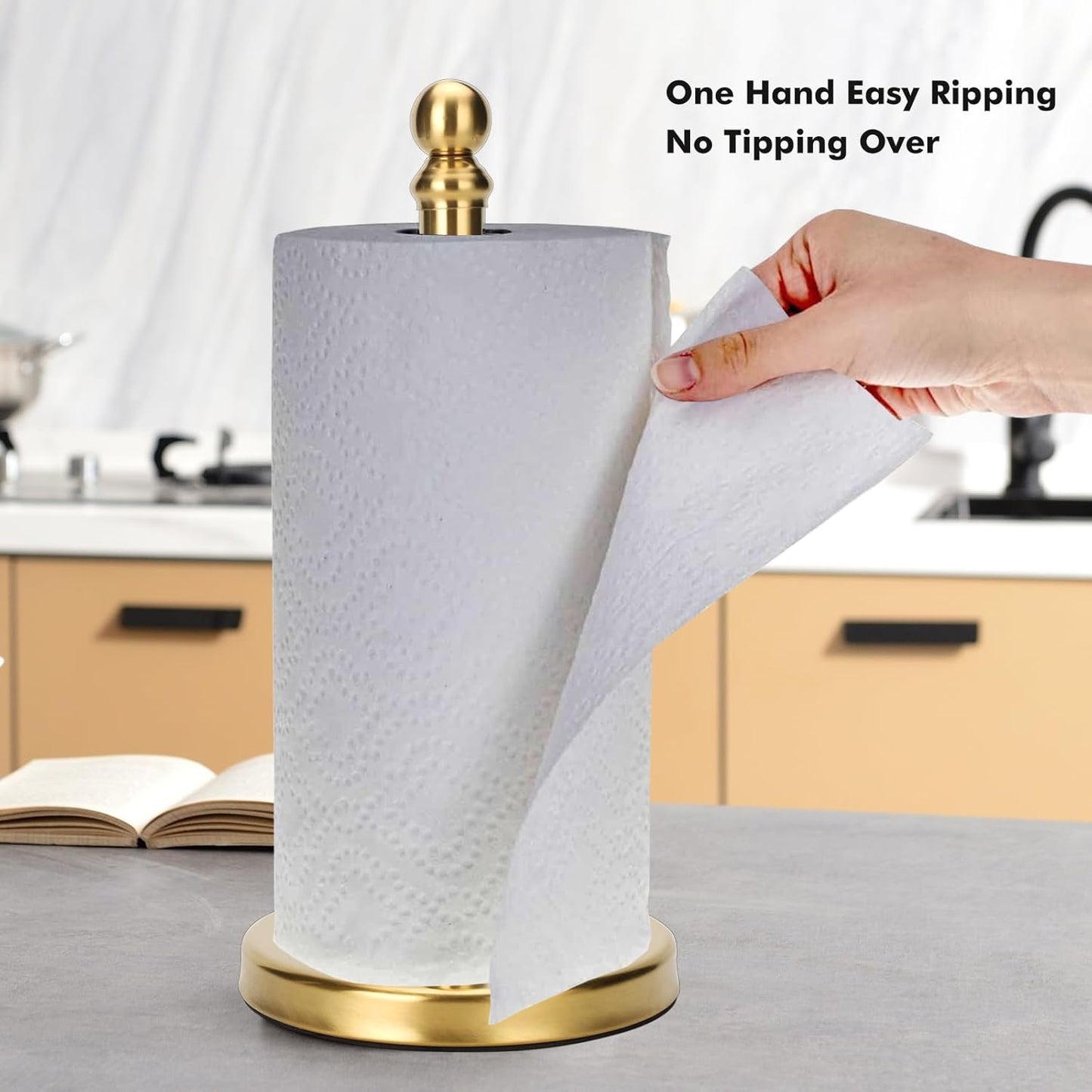 Gold Paper Towel Holder Countertop with Weighted Stainless Steel Base, One-Handed Design No Tipping Over, Standing Paper Towel Holder Standing in Brushed Gold Finish