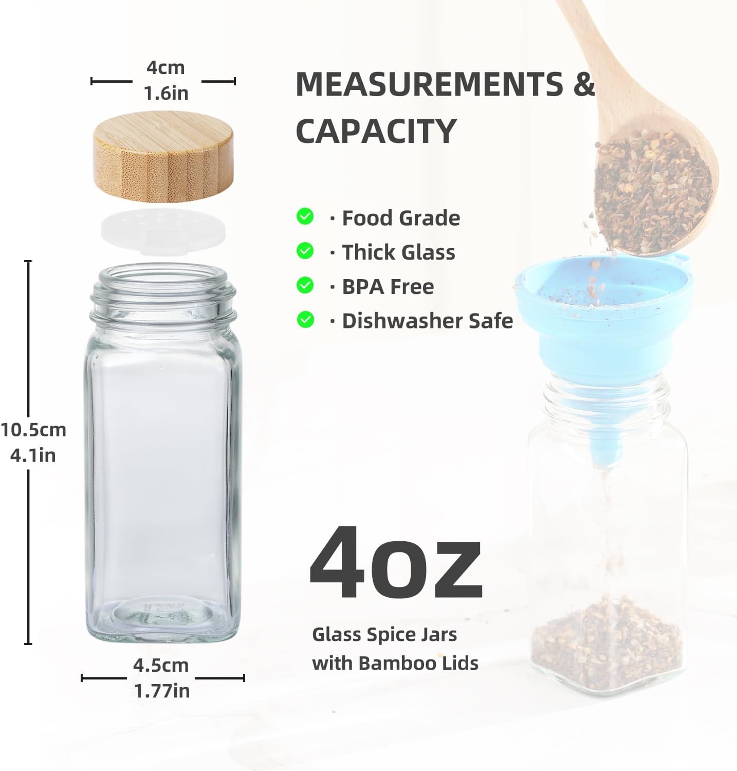 4 oz Glass Spice Jars with Bamboo Lids, Clear Empty Jars with Labels Stickers, Collapsible Funnel, Seasoning Storage Bottles for Spice Racks (24 Pack)