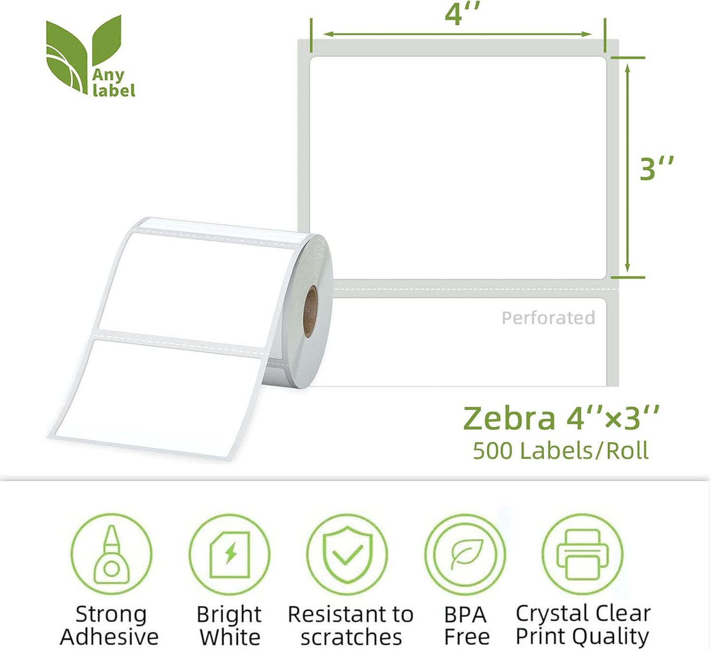 4" x 3" Direct Thermal Labels, Thermal Printer Labels for Shipping Address Barcodes, Thermal Stickers Compatible with Zebra, Rollo, Munbyn Thermal Labels Printers (12 Rolls, 500 Labels/Roll)