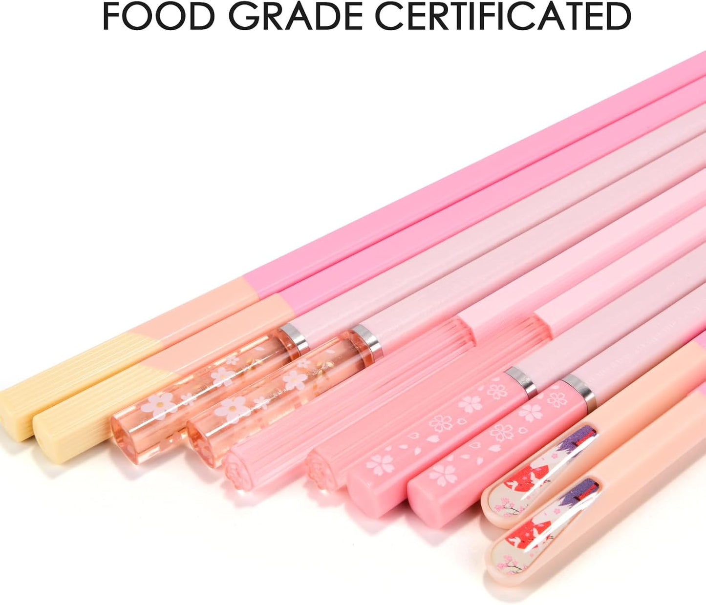 Chopsticks Reusable Dishwasher Safe, GLAMFIELDS 5 Pairs 9.5 Inches Premium Chop Sticks Set for Sushi, Ramen, Asian Cuisine, Matte Non-slip with Gift Case, Pink