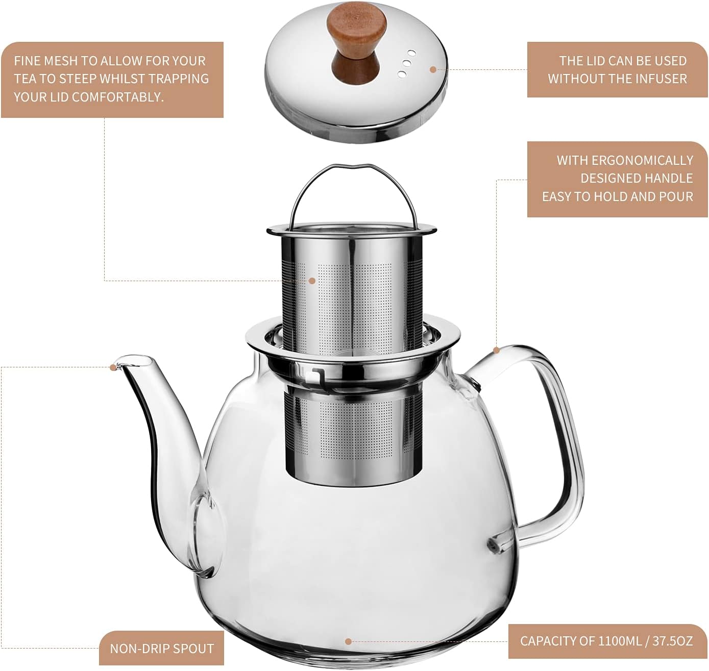 CNGLASS Glass Teapot with Removable Infuser 1100ml(37.5oz),Clear Tea Kettle Stovetop Safe,Blooming and Loose Leaf Tea Maker