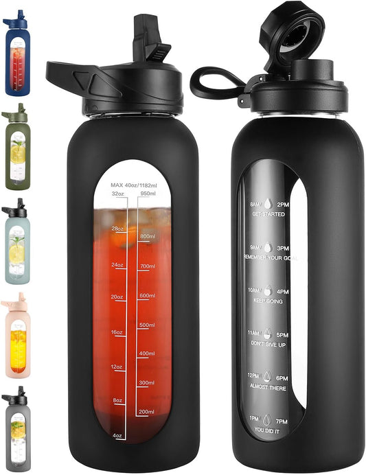 CIVAGO 40 oz Glass Water Bottle with Straw and Handle, Large Sports Motivational Water Bottle Flask with Time Marker and 2 Lids, Leakproof Water Jug Canteen with Silicone Sleeve for Gym,Black