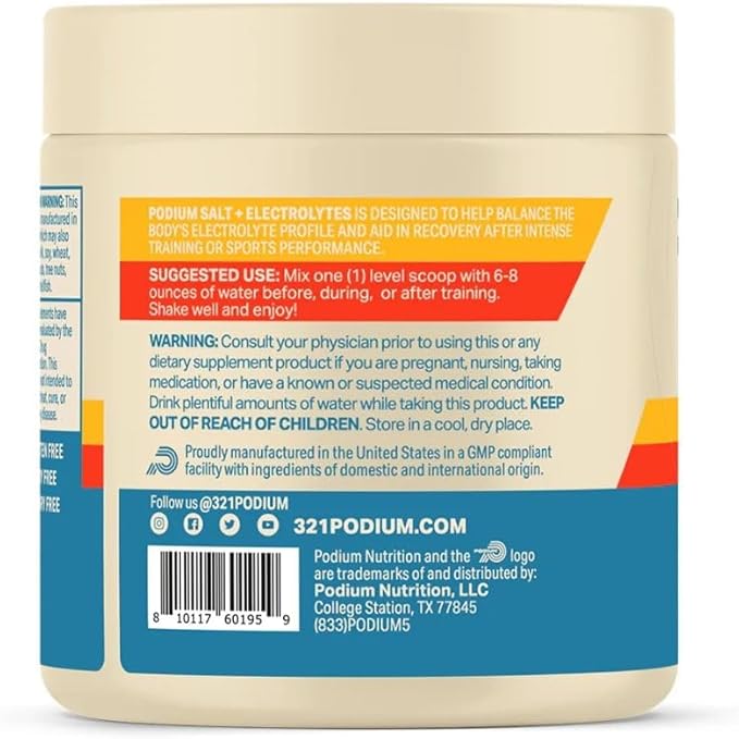 Podium Nutrition Training Salt + Electrolytes Powder, Peaches & Cream, Post Workout Hydration & Muscle Recovery Support, Electrolyte Drink, Magnesium, Potassium, Calcium & Sodium Salts, 30 Servings