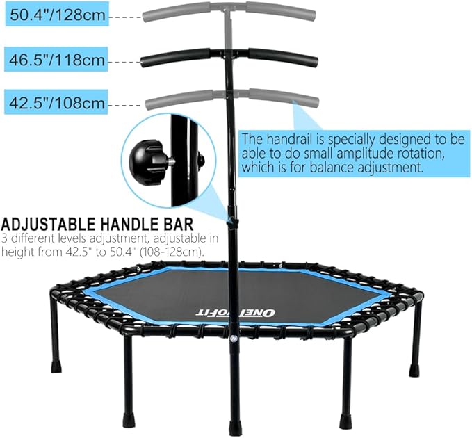 ONETWOFIT 48" Silent Mini Trampoline with Adjustable Handle Bar Fitness Trampoline Bungee Rebounder Jumping Cardio Trainer Workout for Adults