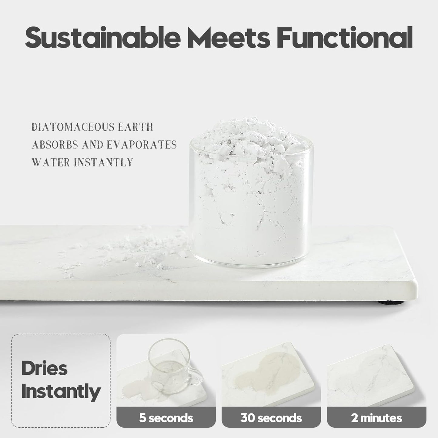 2PCS Diatomite Marble Tray Quick Drying Mat for Kitchen Counter, Water Absorbing Stone Vanity Caddy for Bathroom Sink,Faucet Splash Guard,Soap Dispenser Rack Sponge Holder Organizer, White, 9"x3.5"