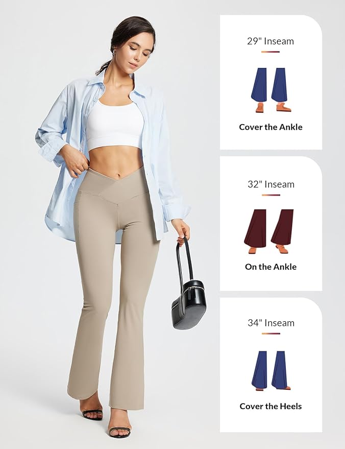 baleaf Women's V Crossover Flare Leggings with Pockets Yoga Pants High Waist Casual Workout Gym Bell Bottom Leggings
