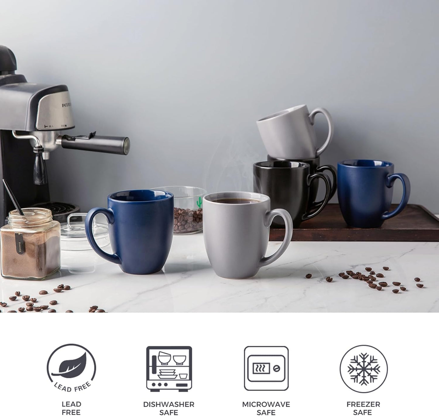 AmorArc 16oz Coffee Mugs Set of 6, Large Ceramic Coffee Mugs for Men Women Dad Mom, Modern Coffee Mugs with handle for Tea/Latte/Cappuccino/Cocoa. Dishwasher&Microwave Safe, Matte Black