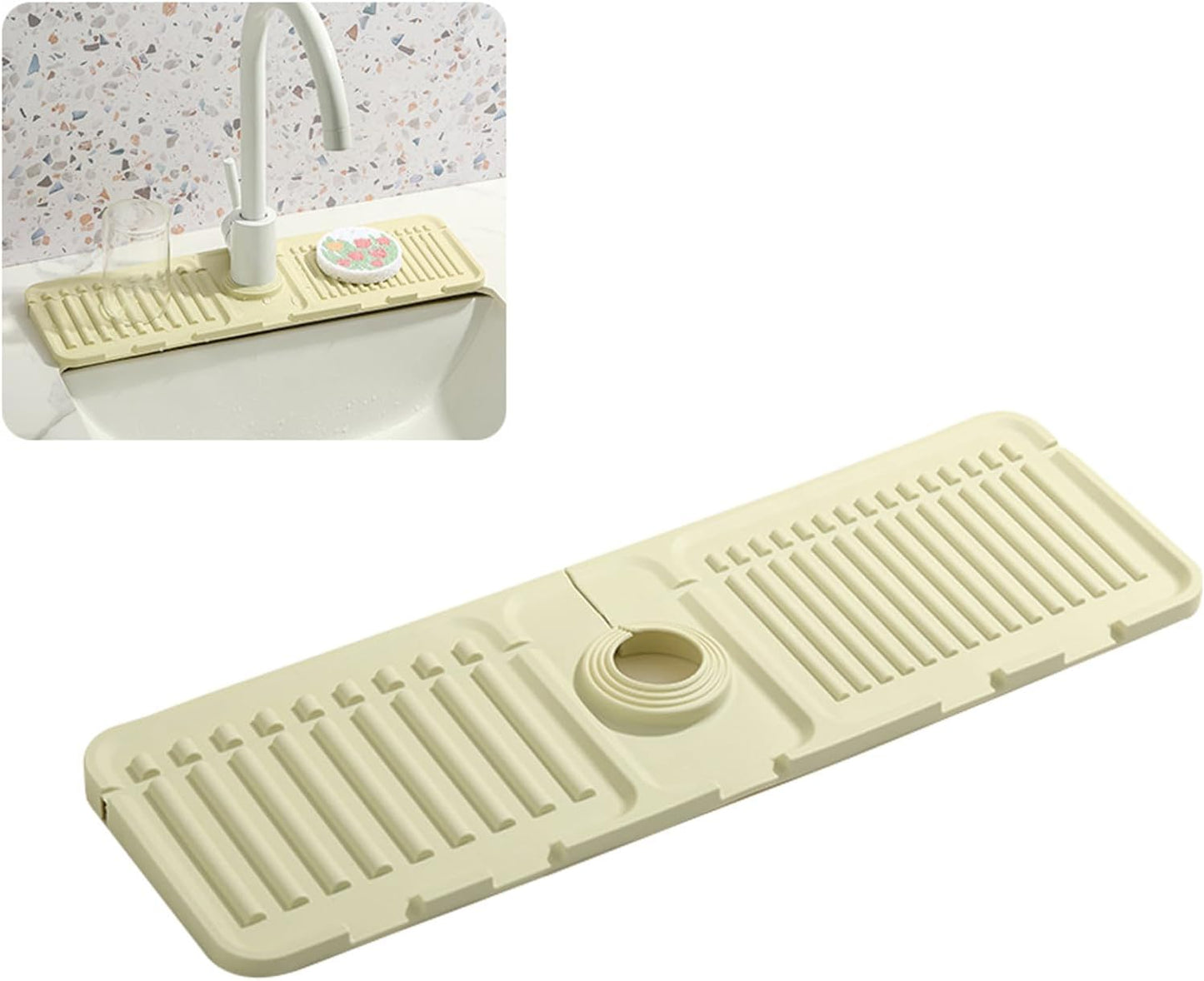 Faucet Mat for Kitchen Sink - 2024 Upgraded Premium Silicone Splash Guard with Fast Drying Properties - Protective Sink Tray Ideal for Stone Sinks in Kitchen & Bathroom (1, Beige)