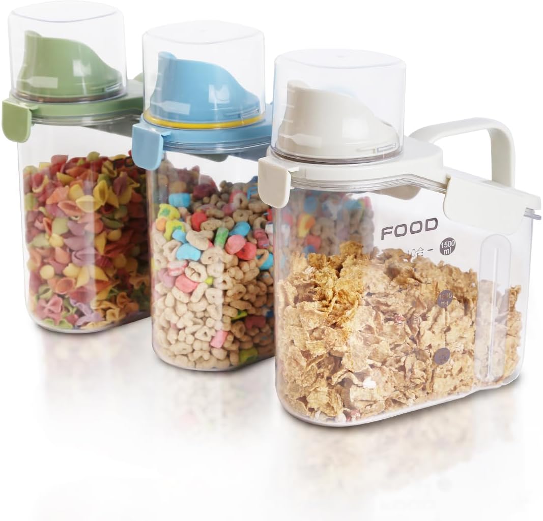3 Pieces Cereal Containers Storage, 51fl.oz/1.5L Compact Crystal Clear Dry Food Storage Containers with Pouring Spout Measuring Cup for Rice Nuts Beans Pet Food Snacks Candies, 3PCS