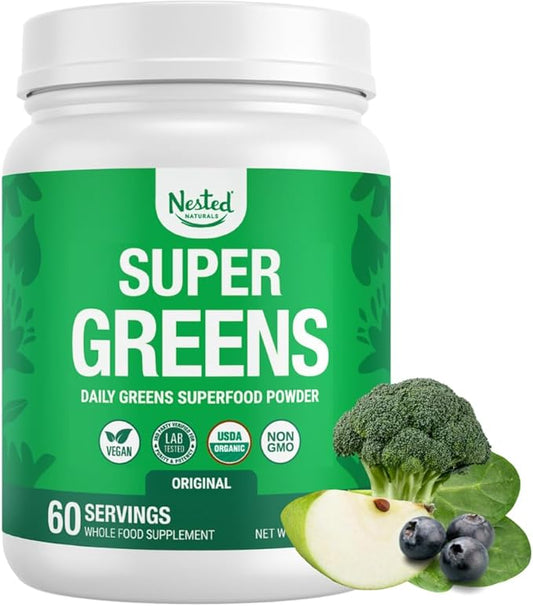 Nested Naturals Super Greens Daily Superfood Powder - Certified USDA Organic Green Powder w/20+ Whole Foods, Spirulina Powder, Wheat & Barley Grass - Probiotics, Fiber & Enzymes - Original Flavor, 60