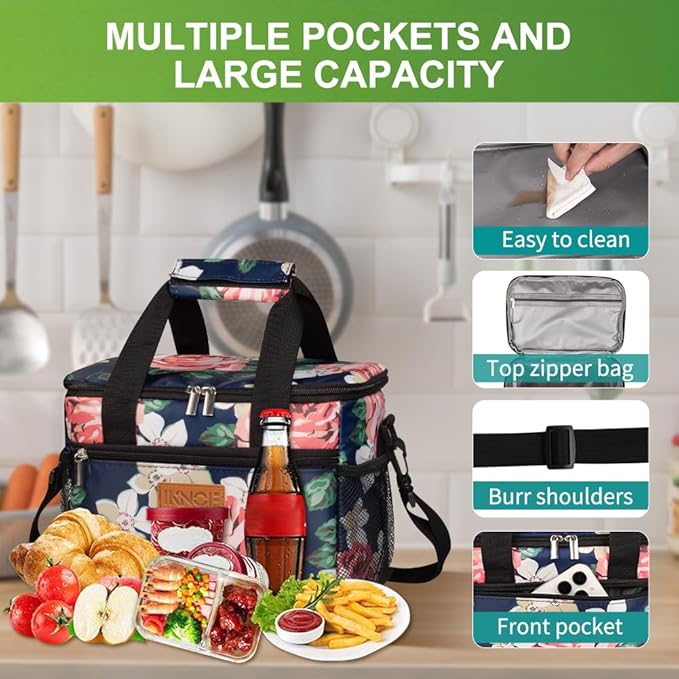 iknoe Large Foldable Cooler Bag, 8.5L Insulated Lunch Bag, Leakproof Lunch Cooler Tote with Multi-Bag Design Suitable for Beach, Picnic and Office Use, Flower 15-Can