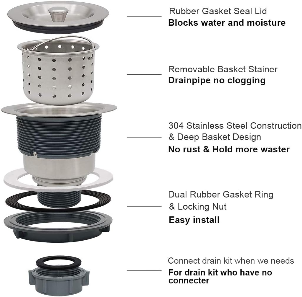 3-1/2-Inch Kitchen Sink Drain Strainer Assembly Kit, GZILA Deep Waste Basket Strainer with Sealing Lid Sink Stopper, 304 Stainless Steel Brushed Nickel