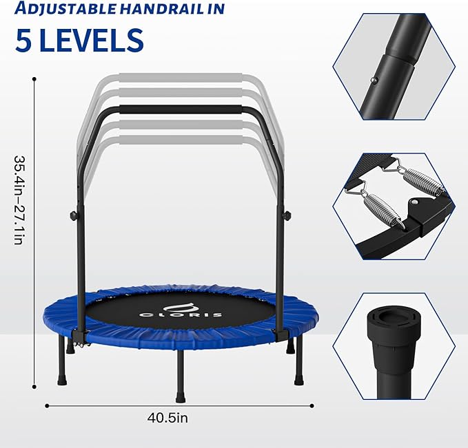 CLORIS 40in Folding Trampoline Mini Trampoline Rebounder Trampoline for Adults Fitness Trampoline with Adjustable Foam Handle, with safty Padded Cover Best Gift for Kids/Adult