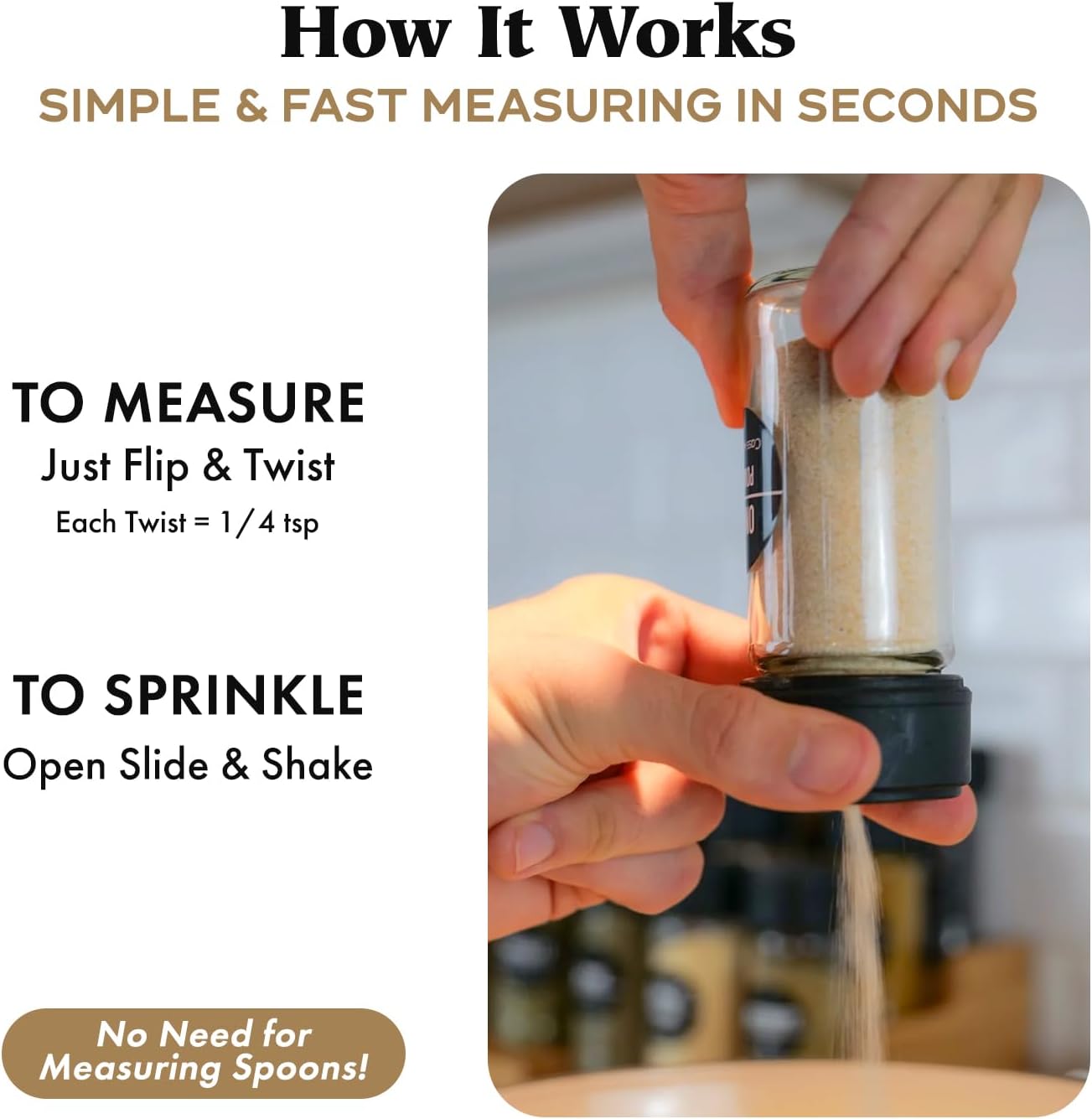 Glass Spice Jars & Measuring Cap Set - Twist to Dispense 1/4 Tsp Per Turn for Precise Cooking - Glass Jars with Lids Keep Kitchen Organized & Tidy - Enjoy Round Spice Jar Without Mess-12Pack