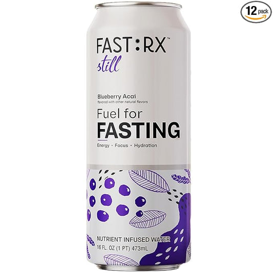 FASTRX Blueberry Acai Still Fasting Electrolyte Drink – Hunger Suppressant, Includes Essential Electrolytes and Vitamins, De-Sugared Blueberry Juice – Zero Sugar, 16 Fl Oz, Pack of 12