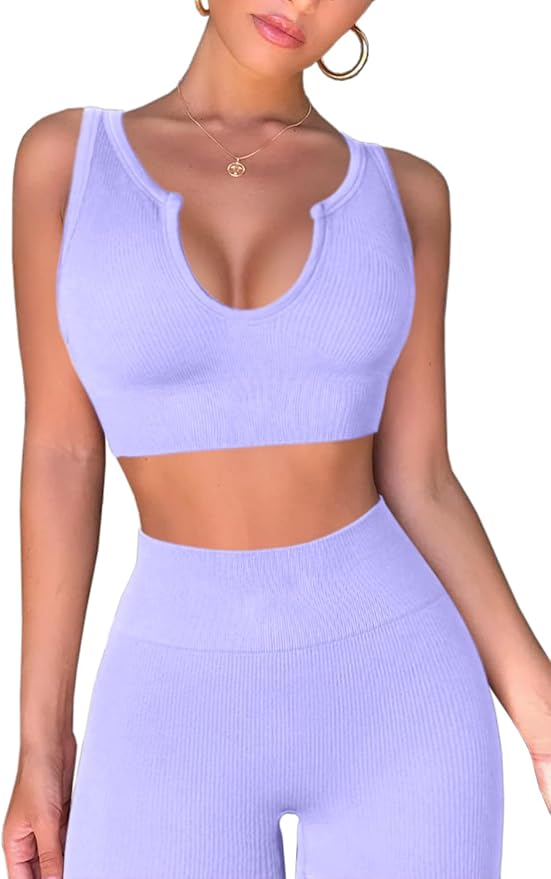 QINSEN Workout Outfits for Women 2 Piece Ribbed Seamless Crop Tank High Waist Yoga Leggings Sets