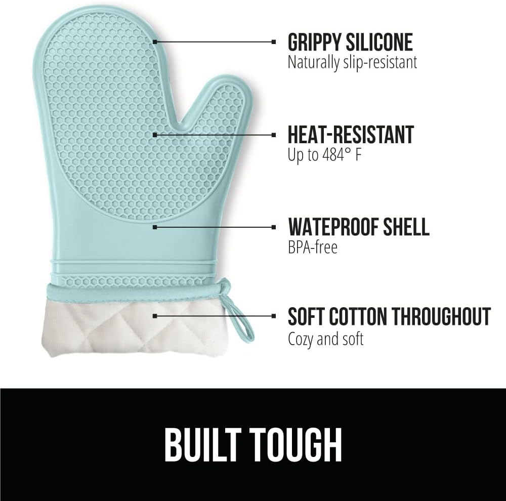 GORILLA GRIP BPA-Free Soft Silicone Oven Mitts, 14.5x8.3, Heat Resistant and Waterproof Cooking Gloves, Thick Cotton Lining, Flexible Gripping for Baking Grilling, Kitchen Potholders Set of 2, Mint