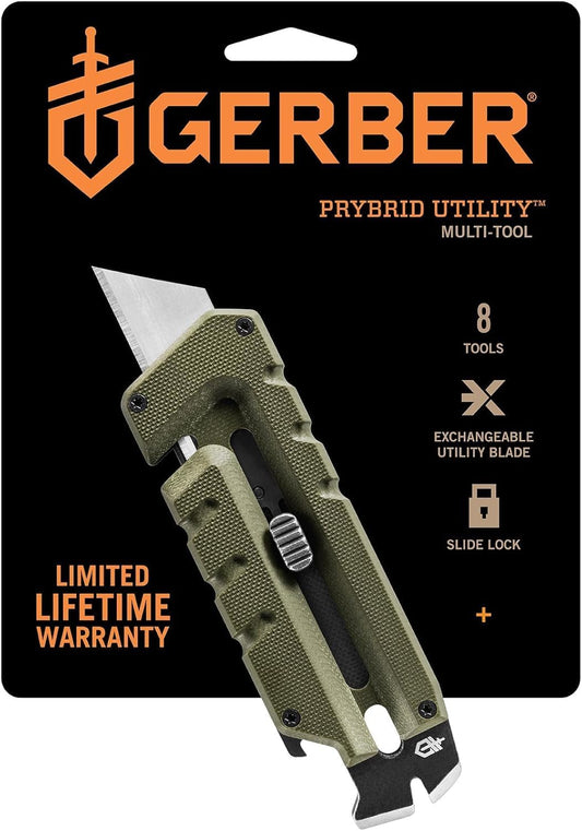 GERBER Gear Prybrid Utility EDC Multitool Pocket Utility Knife - Razor Knife with Retractable Hobby Blade and Pry Bar - Green with Clip