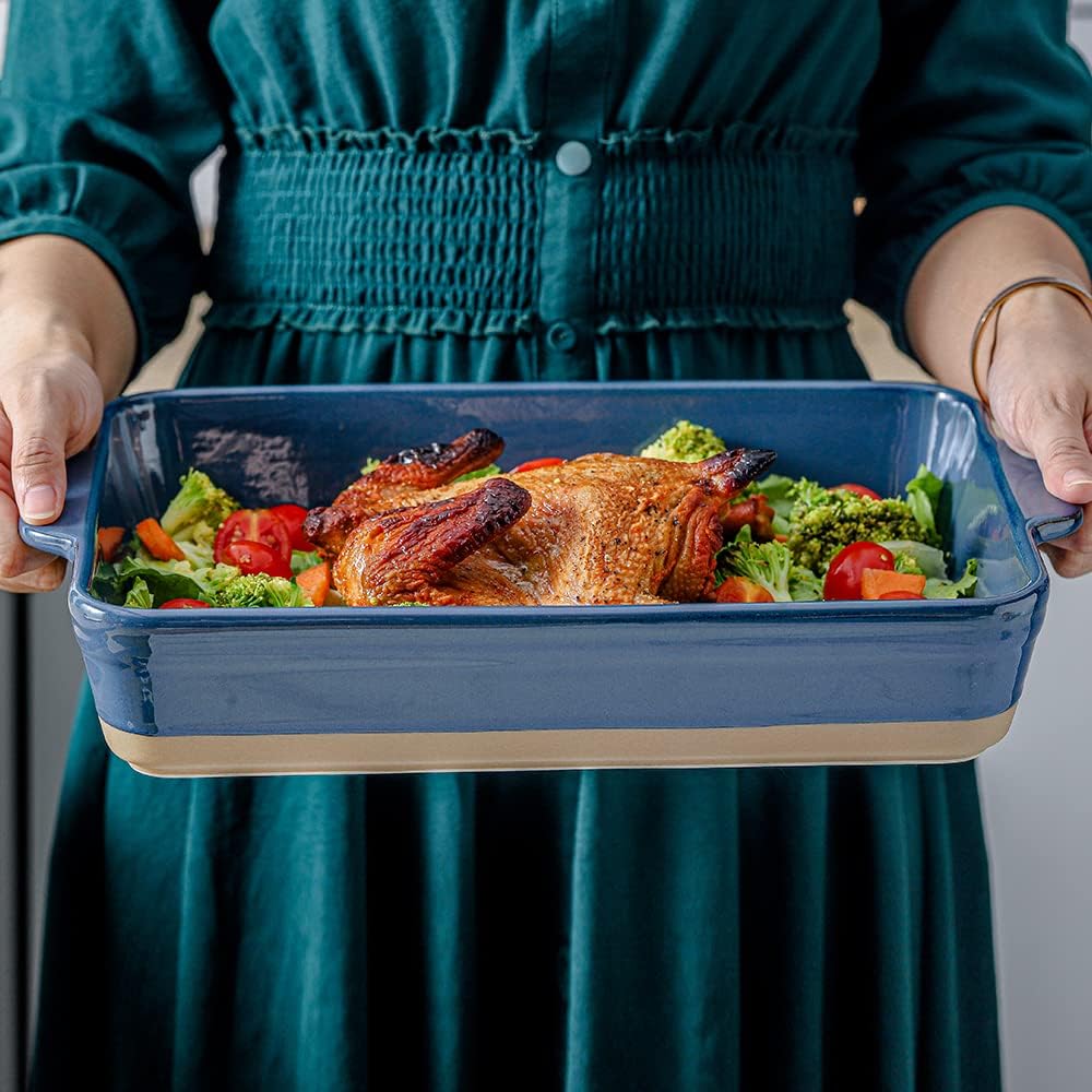 HVH Baking Dish Set, 9x13 Baking Dish, Large Casserole Dish Set, Ceramic Lasagne Pan Deep, Baking Dishes for Casseroles 13 x 9, Ceramic Bakeware Set of 3, Farmhouse Style (Blue)