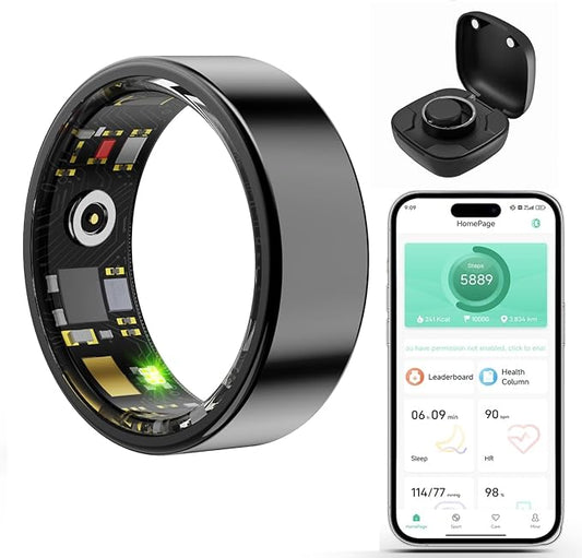 Smart Wellness Ring, Stylish Fitness Tracker with Heart Rate, Blood Oxygen, Blood Pressure, Sleep & Step Monitor. IP68 Waterproof, No Subscription, iOS & Android Compatible (Black, 10)