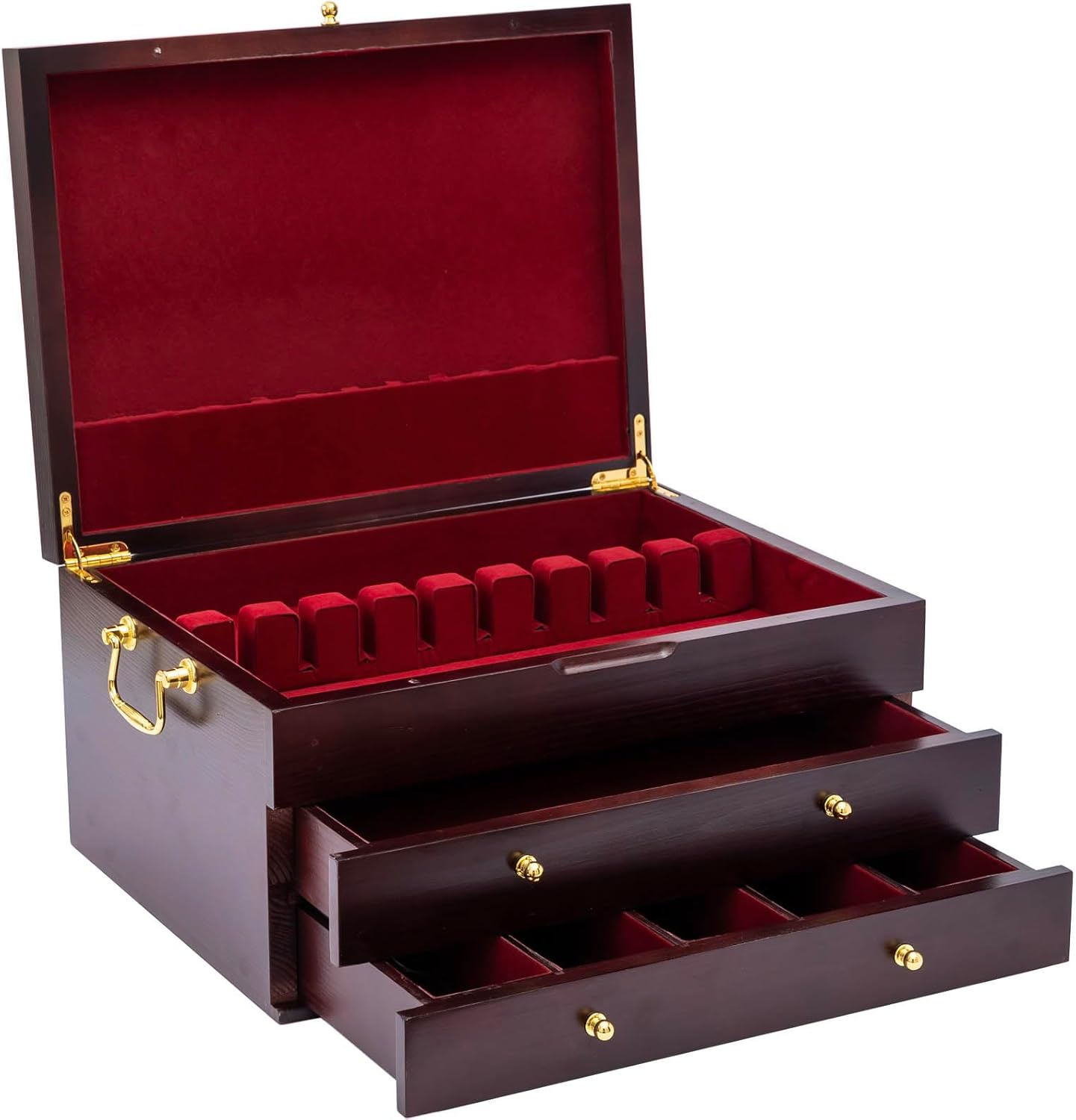 GENRICE Wooden Silverware Chest without Silverware Three-layer, Silverware Box Storage for Silver, Silverware Case with Handle and Felt Lined, Flatware Chest for 12 or 16 or more sets of Utensils