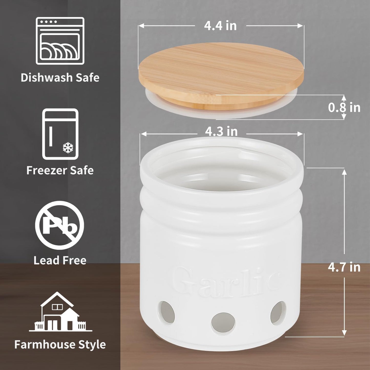 Garlic Keeper for Counter - Garlic Holder with Bamboo Lid,Garlic Container to Keep Your Garlic Cloves Fresh Longer,Large Ceramic Garlic Storage for Kitchen