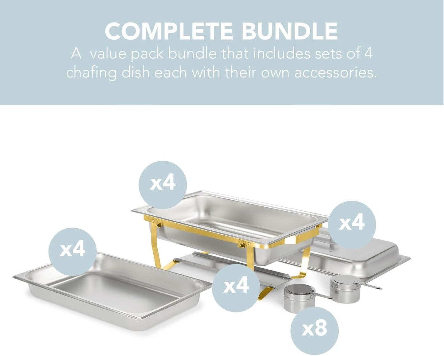 4 Pack 8QT Chafing Dish Full Set – Stainless Steel Catering Chafer with Lids, Pans & Fuel Holders – Buffet Food Warmers for Parties, Events & Weddings – Gold Frame