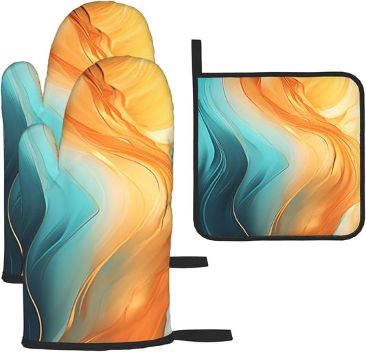 Orange Teal Marble Oven Mitts and Pot Holders Sets of 3 Kitchen Hot Pads Modern Oven Gloves Heat Resistant Washable for Cooking Grilling Baking Holiday Kitchen Decor