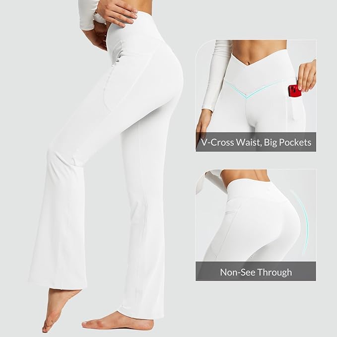 baleaf Women's V Crossover Flare Leggings with Pockets Yoga Pants High Waist Casual Workout Gym Bell Bottom Leggings