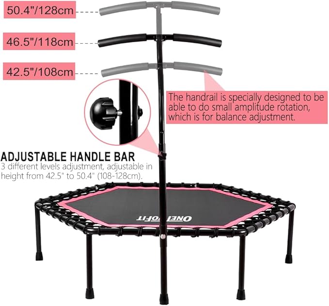 ONETWOFIT 48" Silent Mini Trampoline with Adjustable Handle Bar Fitness Trampoline Bungee Rebounder Jumping Cardio Trainer Workout for Adults