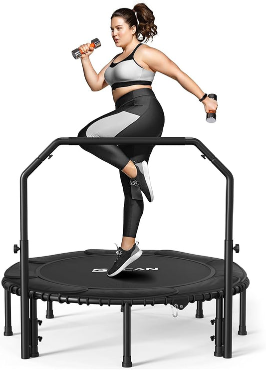 BCAN 40"/48" Foldable Mini Trampoline with Resistance Band, 450 LBS Adult Fitness Trampoline with Bungees, U Shape Adjustable Foam Handle, Stable & Quiet Indoor/Garden