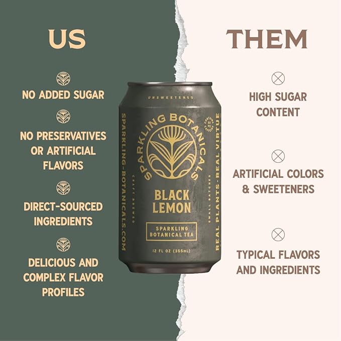 Rishi Tea Black Lemon Sparkling Botanicals Sparkling Water - Organic, Unsweetened, Zero Added Sugar, Caffeinated, Craft-Brewed From Real Plants - 12 oz (Pack of 12)