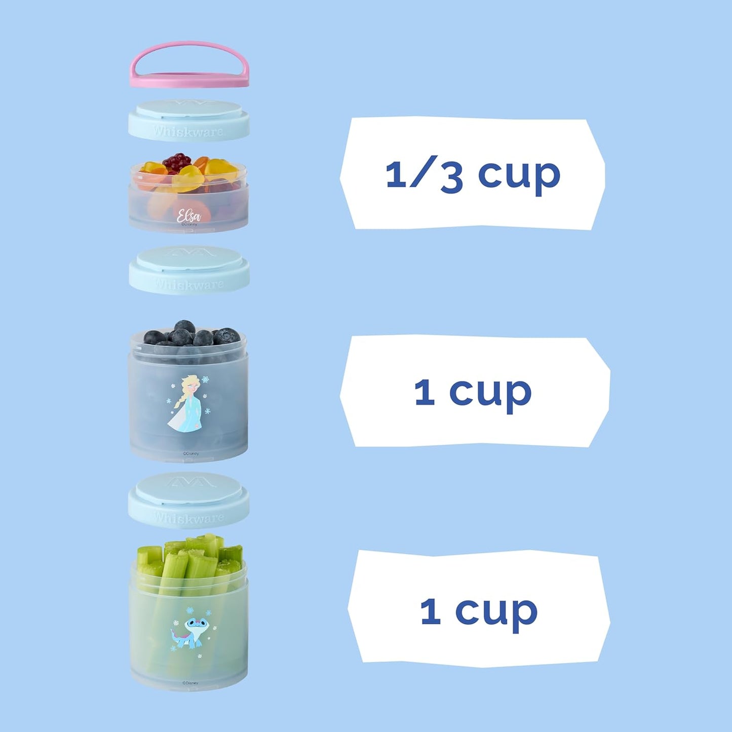 Whiskware Disney Princess Frozen, Stackable Snack Containers for Kids, 3 Stackable Snack Cups for School or Travel, Formula and Cupholder Friendly, Elsa and Bruni