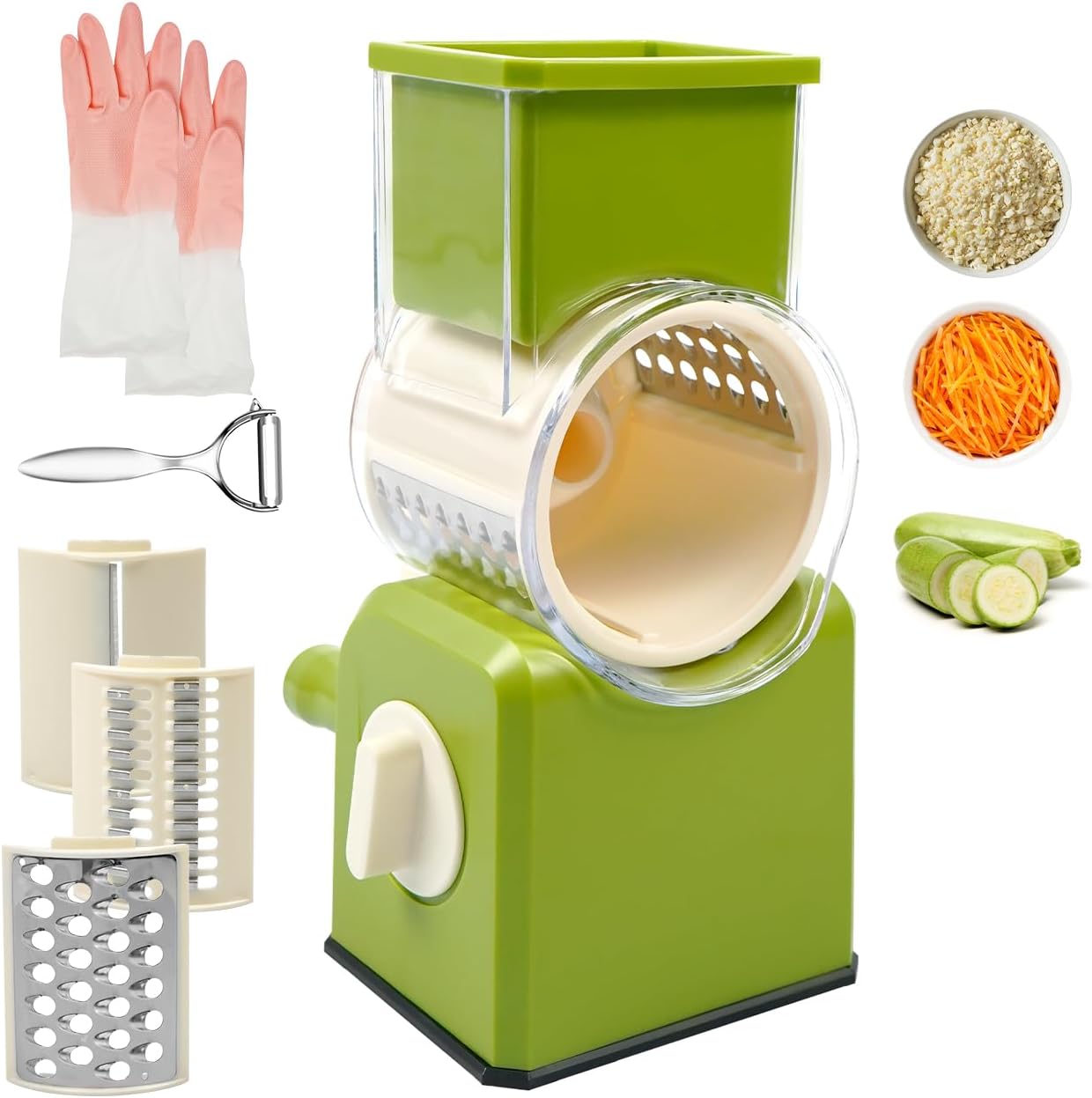 3 in 1 Cheese Grater, Rotary Cheese Grater with Handle for kitchen, Vegetable Slicer with 3 Replaceable Stainless Steel Blades,Peeler and Rubber Gloves (Green)