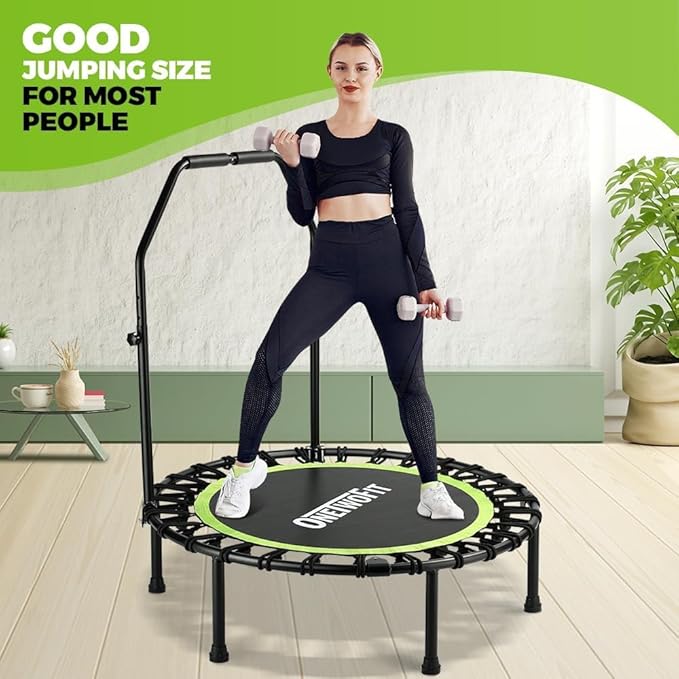 ONETWOFIT Foldable Rebounder Trampoline for Adults, 40/42/45” Mini Fitness Trampoline W/Adjustable Foam Handle Bungees, Quiet Exercise Trampoline for Personal Indoor Workout