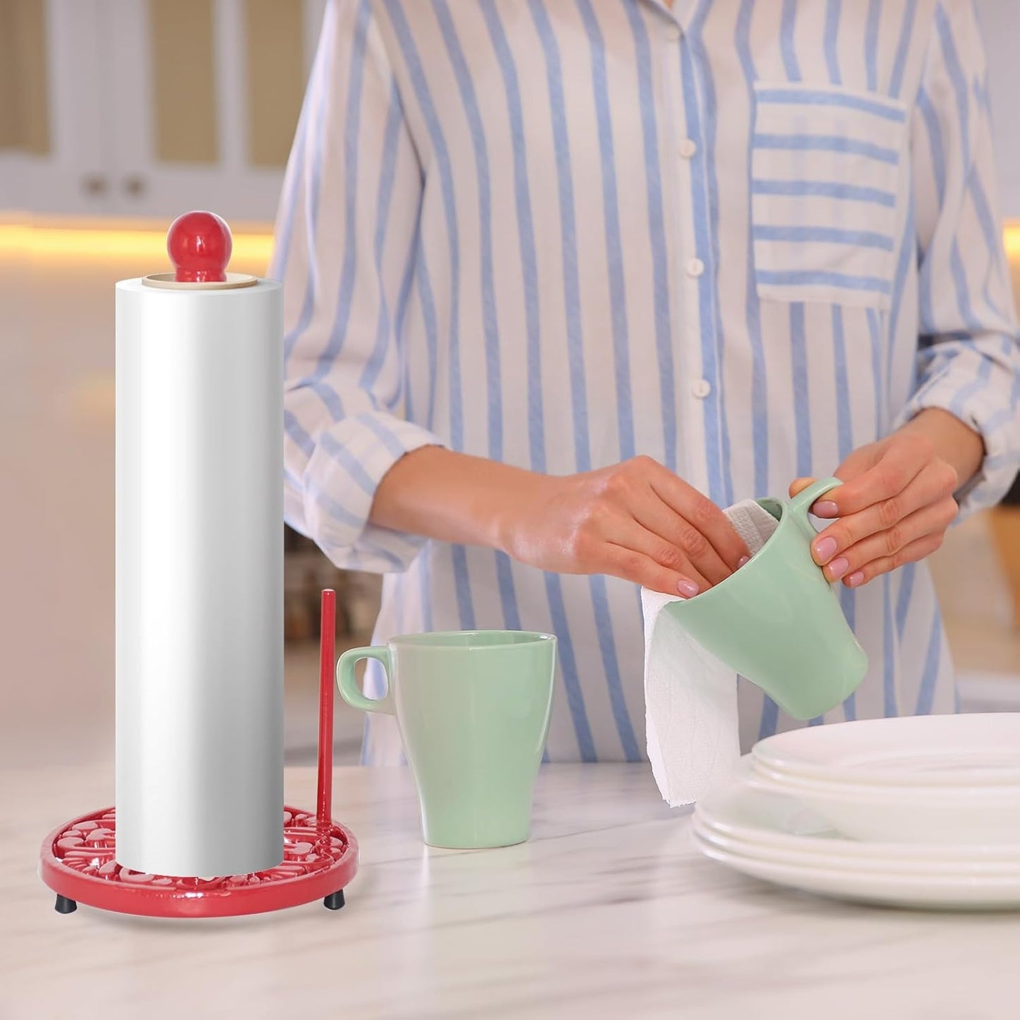 JOGREFUL Paper Towel Holder Stand, Cast Iron Kitchen Paper Towel Countertop Vintage Stand with Weighted-Base, Bathroom Organization for Family Standard Large Size Roll Paper, Mistletoe Base, Red