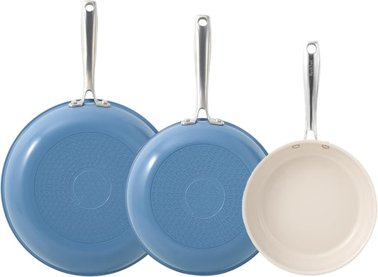 Redchef Non Stick Ceramic Frying Pan Set, Non Toxic Ceramic Pans for Cooking, 8" 9.5" 11" Skillet Set, No PFAS & PTFE & PFOA with Stainless Steel Handle, Dishwasher & Oven Safe Max up to 842°F (Blue)