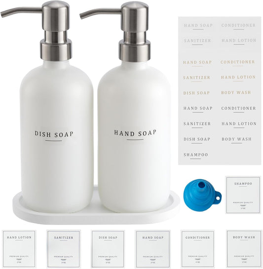 Glass Soap Dispenser - Dish Soap Dispenser for Kitchen and Hand Soap Dispenser Set, Bathroom Soap Dispenser with 304 Rust Proof Pump, Soap Dispenser for Kitchen with Tray, White Bottle/Silver Pump