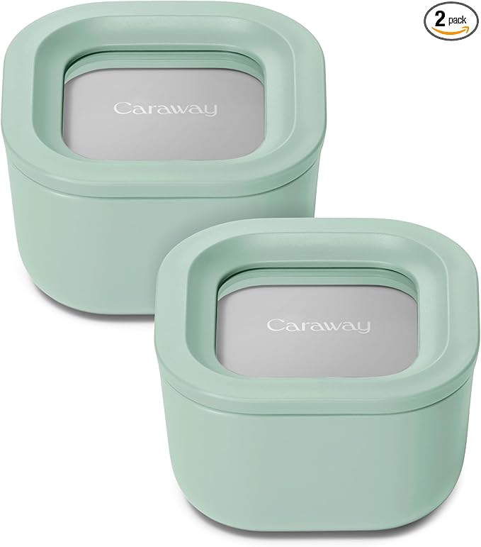 Caraway 2pc Glass Food Storage Set - 1.75 Cup Food Containers (2) - Non-Toxic Ceramic-Coated Glass - Air Release Technology - Compact & Stackable Design - Mist