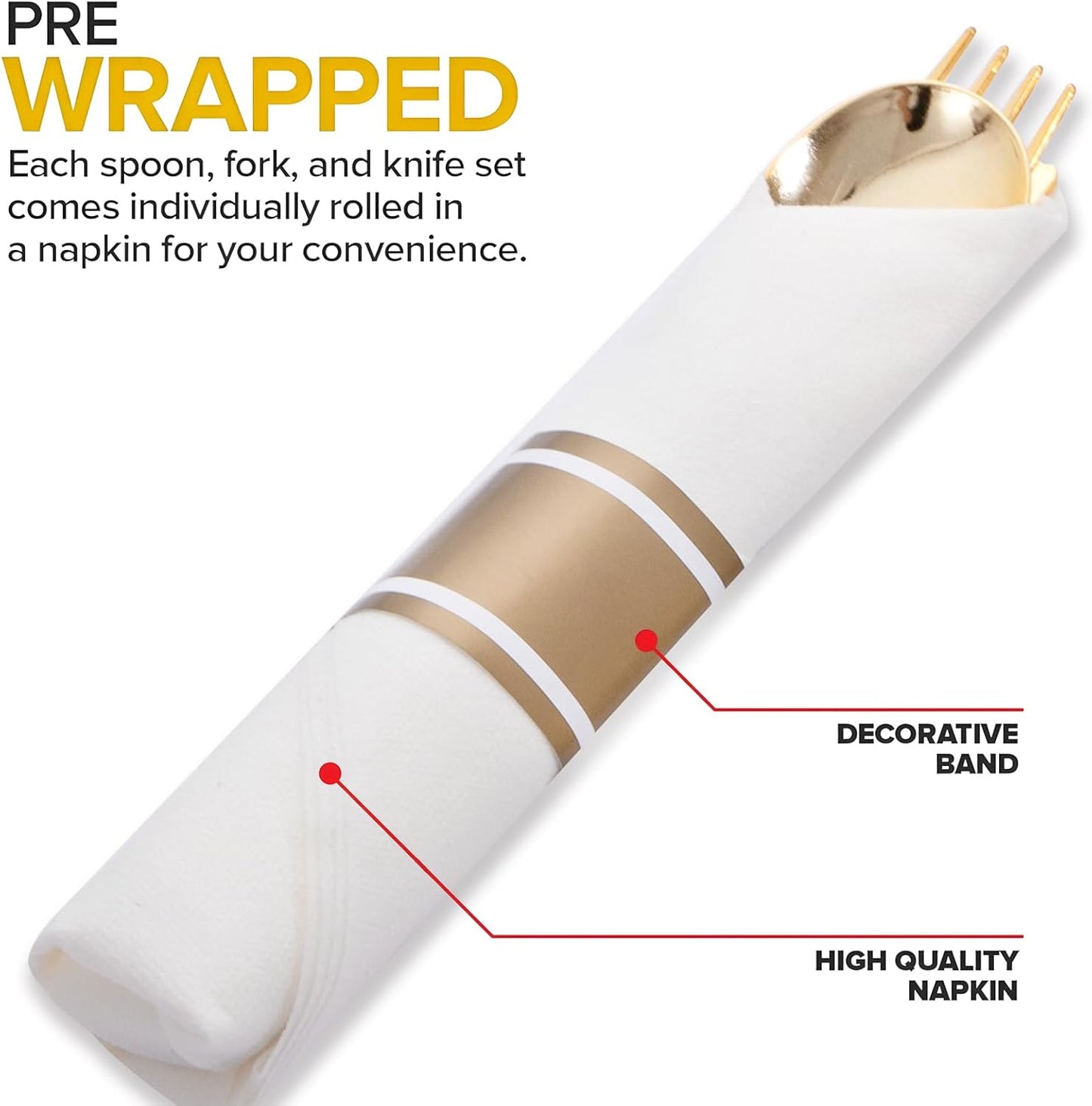 400PCS Pre Rolled Gold Plastic Silverware Sets - Heavy Duty Gold Cutlery - Include 100 Pack Wrapped Disposable Utensils with Napkins for Parties, Dinners & Weddings